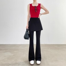 批发<b class='q'>假两件</b>高腰 <b class='q'>假两件</b>黑色屁帘休闲裤裙女夏季新款打底微喇马蹄裤子