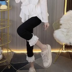 批发【捻丝+<b class='q'>九分</b>裤】白色花边直筒裤女松紧腰弹力打底铅笔裤<b class='q'>九分</b>裤