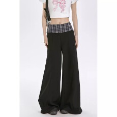 批发黑色<b class='q'>格子</b>拼接<b class='q'>西装</b>高级感休闲阔腿裤女夏季慵懒风新款宽松垂感长裤