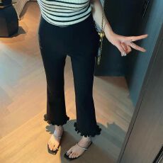 批发有口袋 微喇高腰<b class='q'>大码</b>百搭小黑裤显瘦木耳花边裤脚紧身弹力九分裤