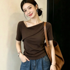 批发6/28【40支纯棉/210克】<b class='q'>大码</b>斜领不规则短袖t恤女夏季<b class='q'>胖</b><b class='q'>mm</b><b class='q'>宽</b>上衣