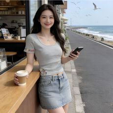 批发预6/2940支纯棉/210克正肩U领<b class='q'>短袖</b>T恤<b class='q'>女</b>夏季修身卡通印花上衣