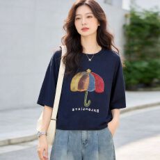 批发简约棉/70棉30涤彩虹雨伞宽松短袖T恤女2026夏季上衣ins