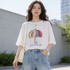 批发简约棉/70棉30涤彩虹雨伞宽松短袖T恤女2026夏季上衣ins