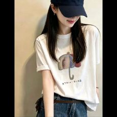批发简约棉/70棉30涤彩虹雨伞宽松短袖T恤女2026夏季上衣ins