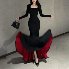 批发【红底加厚复合绒】秋冬步步生莲方领显瘦百搭包臀鱼尾裙气质长裙