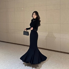 批发【步步生莲】秋冬高领修身显瘦<b class='q'>连衣裙</b>高级感百搭后妈包臀裙长裙