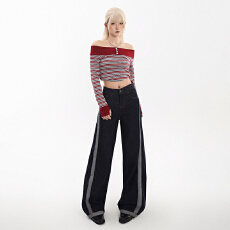 批发鑫宝源3011#爆款不褪色拼接阔腿裤高腰阔腿牛仔女宽松显瘦拖地裤