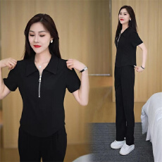 批发官图  休闲运动服套装女2026夏季新款减龄翻领短袖阔腿裤两件套潮