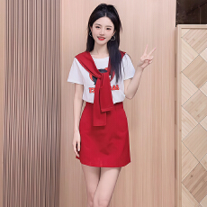 批发官图  纯棉时尚套装女2026夏季新款韩版印花短袖t恤<b class='q'>半身</b>裙两件套