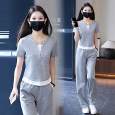 批发官图  高含棉韩版<b class='q'>运动服</b>套装女2026夏季新款<b class='q'>显瘦</b>上衣阔腿裤两件套