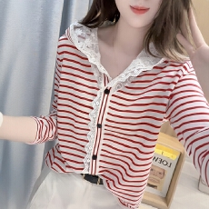批发官图  小个子时尚拼接蕾丝连帽<b class='q'>长袖</b>T恤女2026秋季新款条纹上衣潮