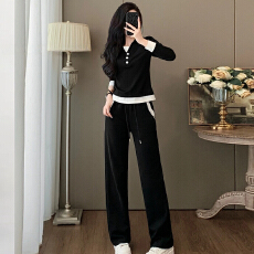 批发官图  高含棉韩版套装女2025<b class='q'>秋</b>季新款V领长袖上衣绑带长裤两件套