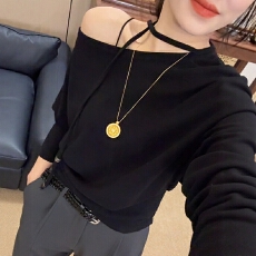 批发官图  高含棉时尚韩版斜肩长袖t恤女2025秋季新款小个子洋气上衣