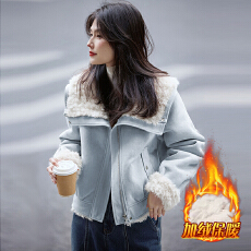 批发官图  法式小清新拼接长袖翻领短外套女2025冬季新款修身开衫<b class='q'>上衣</b>