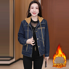 批发官图  时尚复古加绒加厚保暖牛仔外套女2025冬季新款连帽夹克上衣