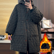 批发官图  中长款格子连帽棉服女2025冬季新款高级感加绒加厚棉袄外套