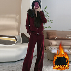 批发官图  时尚休闲套装<b class='q'>女</b>2025秋冬新款加绒毛领外套宽松阔腿裤<b class='q'>两件</b>套