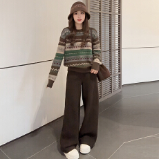 官图  小个子慵懒风百搭套装女2025冬季新款拼色上衣阔腿裤两件套