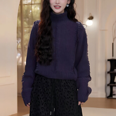 批发官图  轻奢高级感小个子套装女2025冬季新款紫色毛衣纹长裤两件套