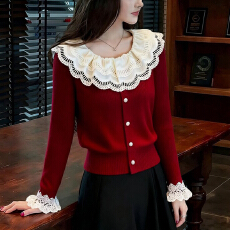 官图  2026春秋新款新年氛围感红色拼接长袖毛衣女别致针织开衫潮