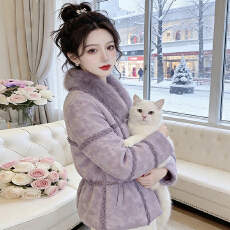 批发官图  设计感毛领短款棉服女2026冬季新款加厚木耳边拼接棉衣外套