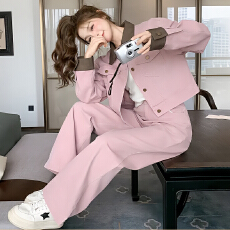 批发官图  甜美粉色休闲套装女2026<b class='q'>春</b>秋新款拼接翻领外套阔腿裤两件套
