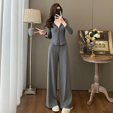 批发官图  韩系简约纯色套装女2026<b class='q'>春秋</b>新款小个子拉链外套长裤两件套