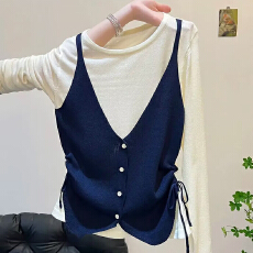 批发官图  2026春秋新款韩系纯欲风辣妹撞色假两件设计感收腰<b class='q'>针织衫</b><b class='q'>女</b>