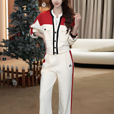 批发官图  <b class='q'>韩</b>版设计感运动套装女2026春秋新款圆领开衫上衣长裤两件套