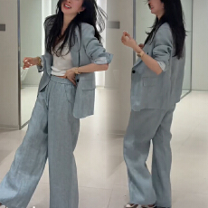 批发官图  休闲老钱风时尚套装女2026春秋新款阔版西服外套长裤两件套