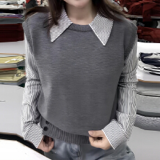 批发官图  2026春季新款休闲拼接<b class='q'>条纹</b>长袖<b class='q'>衬衫</b>女减龄拼接假两件针织衫