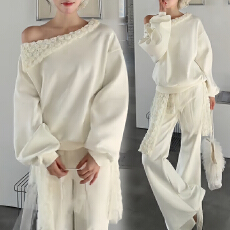 批发官图  2026春秋新款设计感立体<b class='q'>花朵</b>斜肩长袖上衣假两件长裤两件套