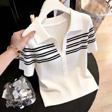 批发官图  韩系洋气<b class='q'>条纹</b>装的短袖翻领t恤女2026夏季新款显瘦<b class='q'>针织衫</b>潮