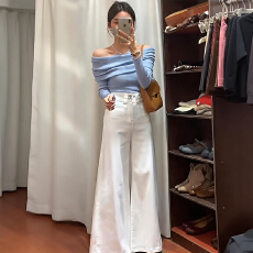 批发官图  2026春秋季新款一字肩针织衫显瘦上衣高腰微喇牛仔<b class='q'>裤</b>两件套