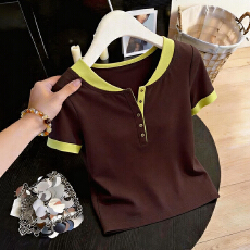 批发官图 2026夏季新款减龄百搭纽扣上衣设计感撞色拼接修身<b class='q'>短袖</b><b class='q'>T</b><b class='q'>恤</b>女