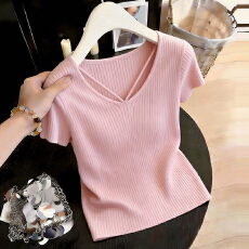 批发官图  2026春夏新款t通勤风V领短袖T恤女气质修身显瘦减龄针织<b class='q'>衫</b>