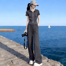 批发官图  高含棉休闲<b class='q'>运动服</b>套装女2026夏季新款拉链上衣阔腿裤两件套