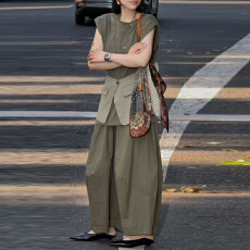 批发官图  休闲套装<b class='q'>女</b>2026夏季新款纯色垫肩背心腰封百搭阔腿裤<b class='q'>三件</b>套