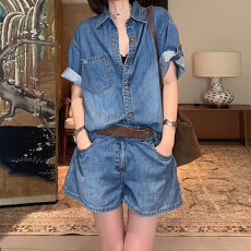批发官图  2026夏季新款时尚套装百搭显瘦<b class='q'>牛仔</b>短袖外套连体裤两件套女