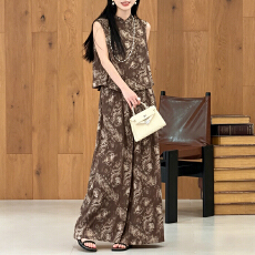 批发官图  高级感套装女2026年夏季新款咖色立领上衣高腰阔腿裤两件套