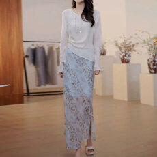 批发官图  2026夏季新款<b class='q'>时尚</b>休闲套装女蕾丝拼接长袖上衣半身裙两件套