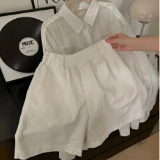 批发夏季纯棉透气松紧腰白色短裤外穿高腰薄款冰丝宽松休闲阔腿A字裤