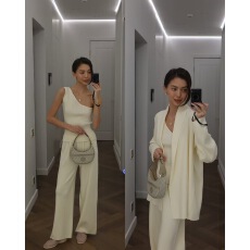 批发针织套装 三件套 单肩背心+阔腿裤+宽松开衫外套