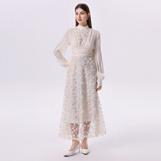 批发法式浪漫小众温柔重工亮片立体花拼接流光长袖收腰礼服连衣裙