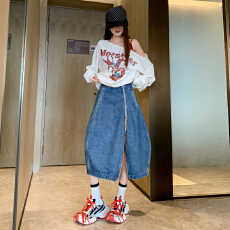 批发春季新品设计感<b class='q'>通勤</b>廓形感拉链牛仔花苞半身裙长裙女