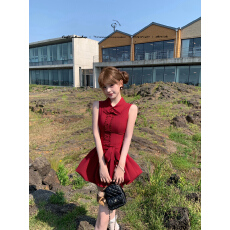 批发原版面料车厘子红兔耳衬衫领系带蝴蝶结收腰显瘦<b class='q'>花苞</b>连衣<b class='q'>裙</b>