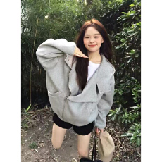 批发不规则慵懒风连帽卫衣<b class='q'>女</b>春秋灰色宽松休闲百搭廓形双拉链外套上衣