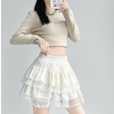 批发韩系丝绒<b class='q'>蕾丝</b>花边蓬蓬蛋糕短裙女2025早秋巨好看的高腰a字半身裙