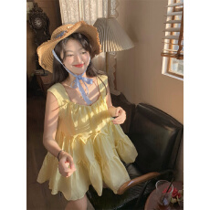 批发法式夏季甜美蝴蝶结黄色背心吊带连衣裙女2025新款宽松<b class='q'>蓬蓬</b><b class='q'>短裙</b>子